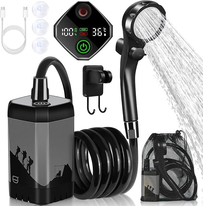 MIAOKE Upgrade Portable Camping Shower 7800mAh Outdoor Electric Shower Rechargeable Pump with Intelligent Digital Display Temperature Display Shower Head for Camping Hiking Traveling