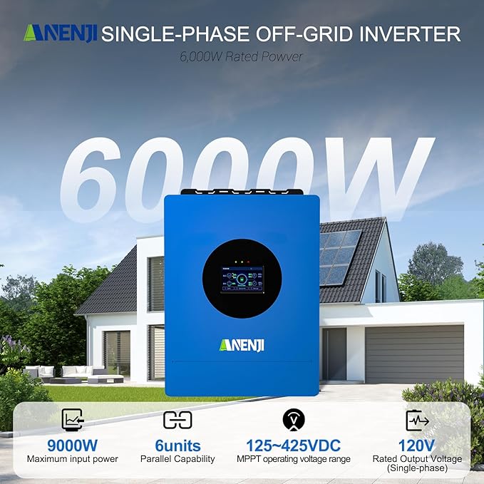6000W Hybrid Solar Inverter 48V DC to 120V AC Pure Sine Wave Built-in 120A MPPT Controller 99.9% Efficiency Solar &amp Generator Input Dustproof for Home Backup RV Off-Grid