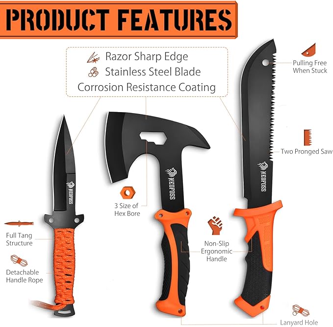 NedFoss 15 Inch Machete 10 Inch Camping Axes and Hatchets Machetes Knife Set with Shock Reduction Handle Machete for Yard Work Cutting Trees Heavy Duty Bushcraft Garden Clearing Survival Gifts