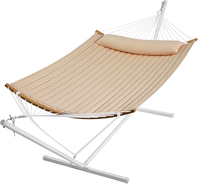 SUPERJARE Hammock with Stand 2 Person Heavy Duty Hammock with Padded Cotton Detachable Pillow &amp Strong Curved-Bar &amp Portable Carrying Bag Perfect for Outdoor &amp Indoor Beige