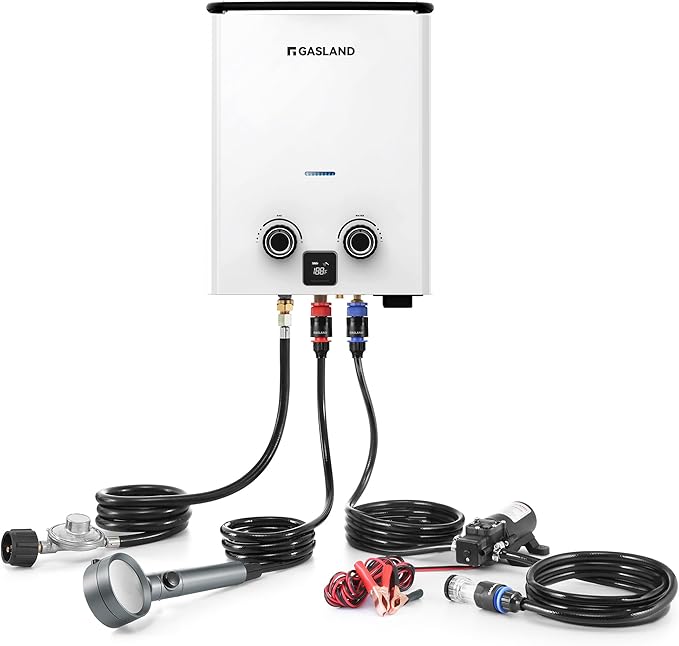 GASLAND Goshower G5 Pro Portable Propane Tankless Water Heater – 1.32 GPM 34000 BTU With Water Pump &amp Strainer Ultra-Slim 5L for Camping Off-Grid Outdoor Shower