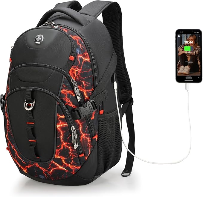 Swissdigital Laptop Backpack with USB Charging Port Travel Backpack Fits 15.6 inches Computer 31L Backpack for Men Flame Red | SD803-97