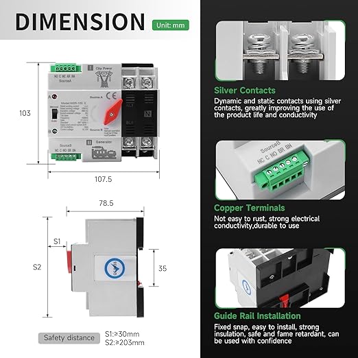 63Amp AC220V Automatic/Manual Transfer Switch 2P 50/60Hz 2POLE 63A Mini ATS Auto Dual Power Switch W2R for Home Generator Din Rail Mount Cn Automatic Changeover Fast Transfe for SolarRvLv Power