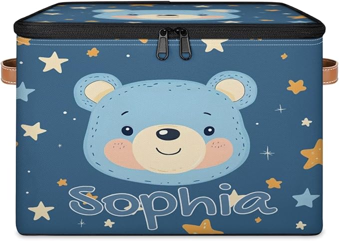 Custom Storage Basket with Name Personalized Storage Bins with Zipper Lid Foldable Fabric Storage Box Large capacity with Handle Star Blue Bear