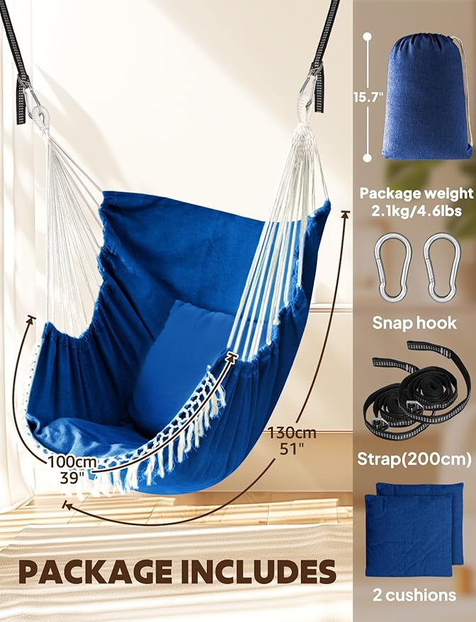 Chihee Hammock Chair Hanging Swing 2 Pillows IncludedStrong Webbing Straps and Hooks for Easy Hanging Soft Cotton Hanging Chair Side Pocket Tassel Chair Comfort Indoor Outdoor Royal Blue