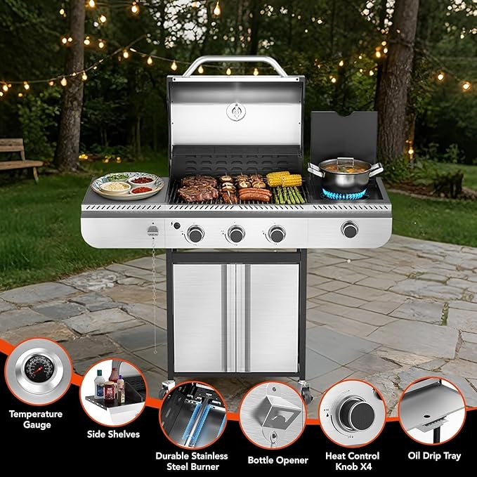 3-Burner Propane Gas Grill with Side Burner 34000 BTU Stainless Steel BBQ Grill – Heavy-Duty Porcelain-Enameled Grates for Patio and Outdoor Cooking
