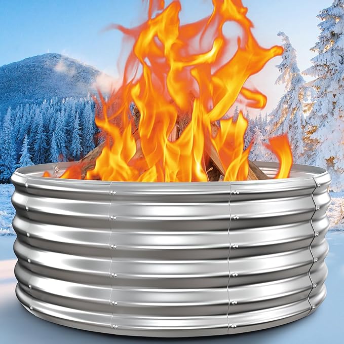 39 Inch Fire Pit Ring for Outside 17'' Tall Heavy Duty FirepitWood Burning DIY In Ground or Above-Ground Outdoor Heavy Duty Galvanized Steel Fire Pits for Backyard Bonfire Patio &amp Camping