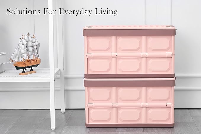 Pink Collapsible Storage Bins with Lids 2-Pack Folding Plastic Stackable Utility Crates 30L Durable Containers for Home &amp Garage Organization