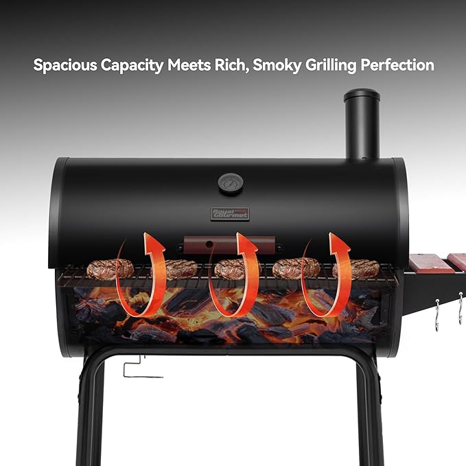 Royal Gourmet CC1830V 30 Barrel Charcoal Grill with Wood-Painted Side Front Table 627 Square Inches Cooking Space for Outdoor Backyard Patio and Parties Black