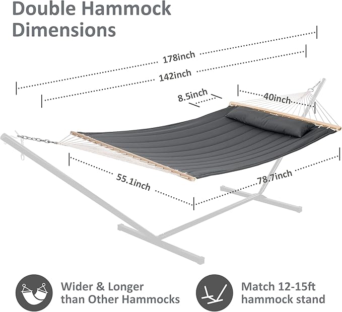 SUNCREAT Hammocks Double Hammock with Wooden Stand Included Outdoor Hammocks for Outside 475 lbs Capacity Dark Gray