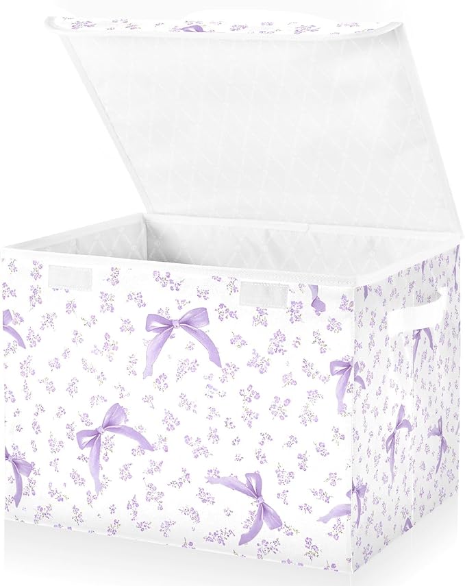 ALAZA Purple Floral Bow Storage Bins Organizer Box Baskets Lidded Clothes for Shelves Closet Collapsible Stackable Storage Cubes Handles