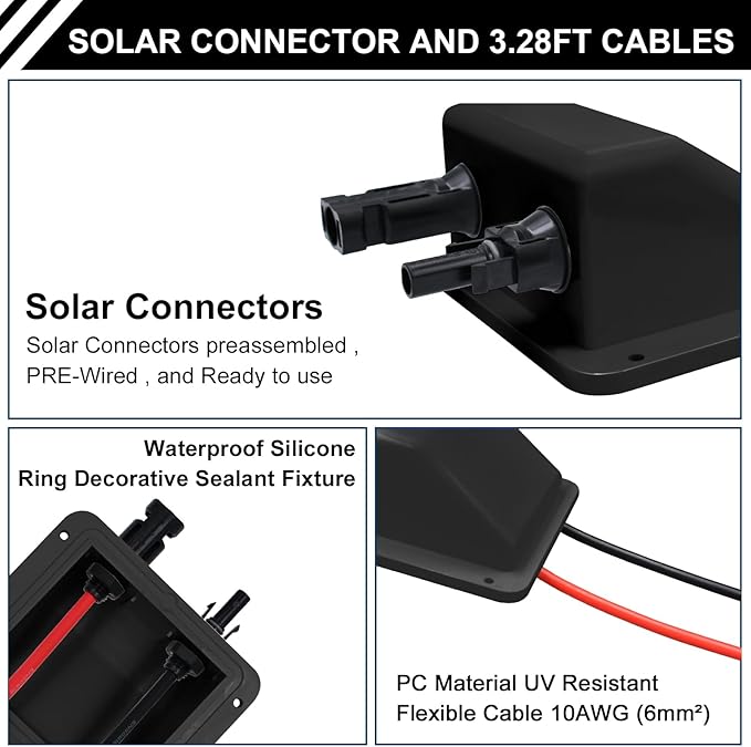 Solar Cable Entry Gland with 10AWG 3.28Ft Solar Extension Cable UV Resistance Waterproof Solar Junction Box for RV Boat Campe Van(Black)