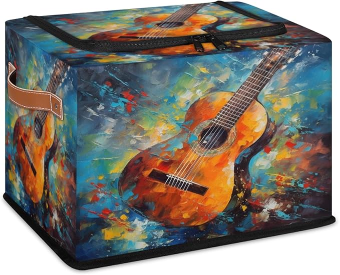 Watercolor Guitar Storage Box with Lid Music Collapsible Storage Bins Baskets Cubes Closet Shelf Clothes Organizer Containers with PU Leather Handles