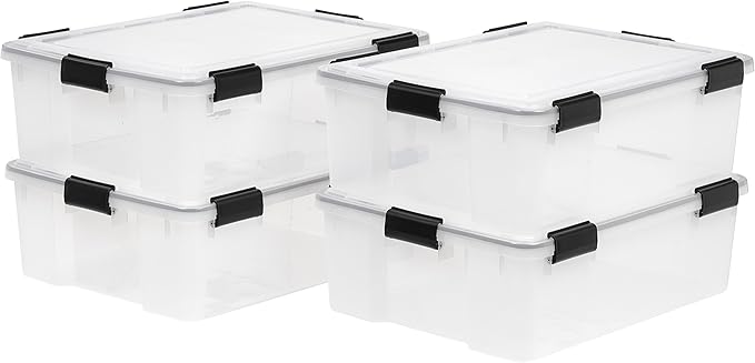 IRIS USA WeatherPro 41 Qt Storage Bins with Lids 4 Pack BPA-Free Plastic Gasket Box with Tight Latch and Seal Stackable Nestable Tote Tub - Clear/Black