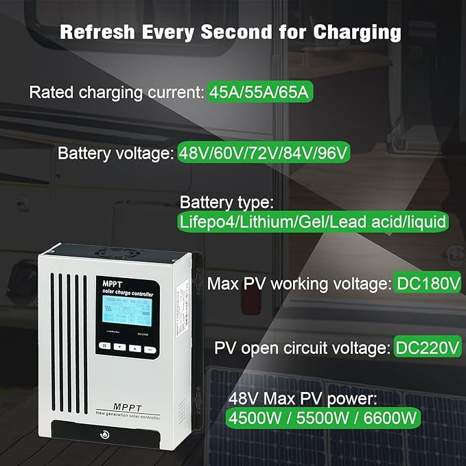 96V 45A MPPT Solar Charger 48V 60V 72V Solar Energy Controller Regulator DC180V PV Input 4500W for Off Gird Solar System Sealed Gel AGM Flooded Lithium Battery