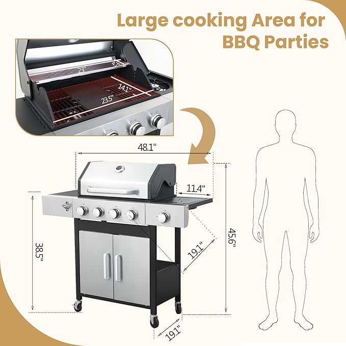 4 Burner Propane Gas Grill with Side Burner &amp Porcelain-Enameled Cast Iron Grates &amp Grids 46790BTU Output Stainless Steel BBQ Grill for Outdoor Cooking Camping Barbecue Grill for Patio