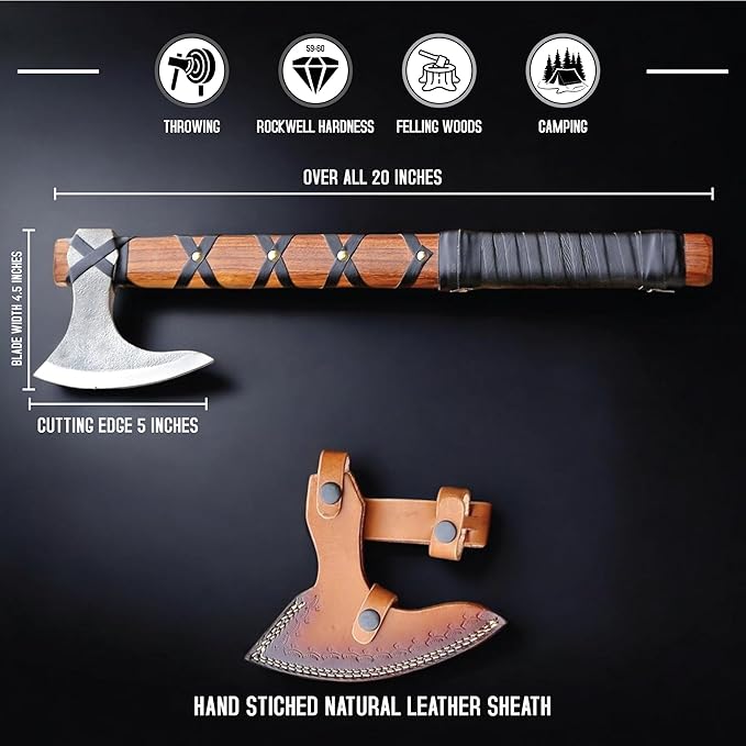 Viking Axe of Ragnar Lothbrok Hunting Axe with Rosewood Handle - Hand-Forged High Carbon Steel Sharp Blade Handmade Camping Axes Hatchet-Norse Ax Tomahawk Vikings Bearded Axes with Leather Sheath