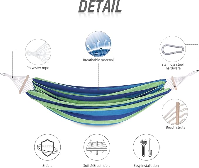 Cotton Hammock with Spreader BarPortable Camping Hammock with Travel BagTree Straps KitPerfect for GardenPatio and Backyard Blue/Green