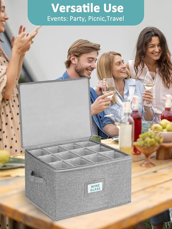 Cirhy Wine Glass Storage Box Hard Shell 10'' Tall Stemware Storage Containers for Moving Holds 24 Crystal Glasses &amp Flutes Stackable Glassware Chest with Dividers Grey (2-Pack)