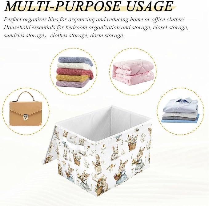 senya Easter Baskets Collapsible Storage Bins with Lids Rabbit Flower Grass Pattern Storage Boxes Clothes Baskets for Organizing