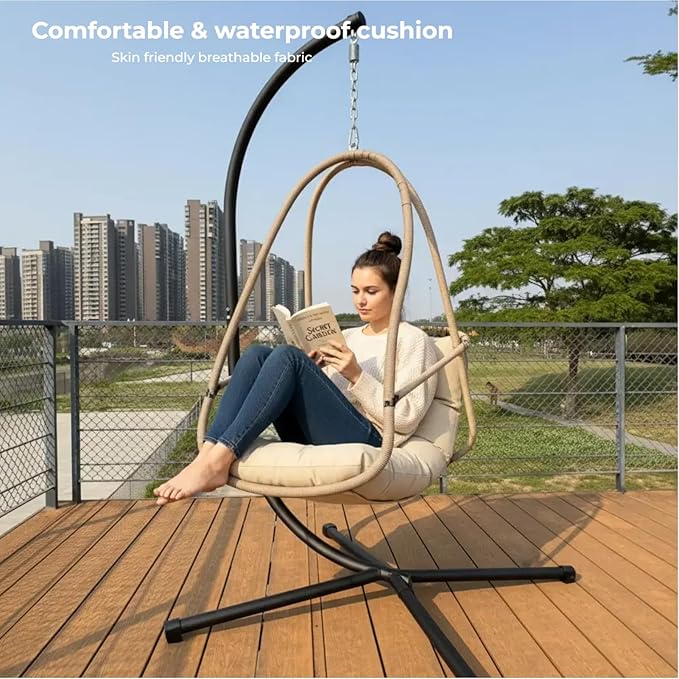 JESE Swing Egg Chair with Stand - UV Resistant &amp Waterproof Cushion Included with Cup Holder - Indoor/Outdoor Hanging Hammock Chair Suitable for Patio Bedroom Balcony Garden (Khaki)