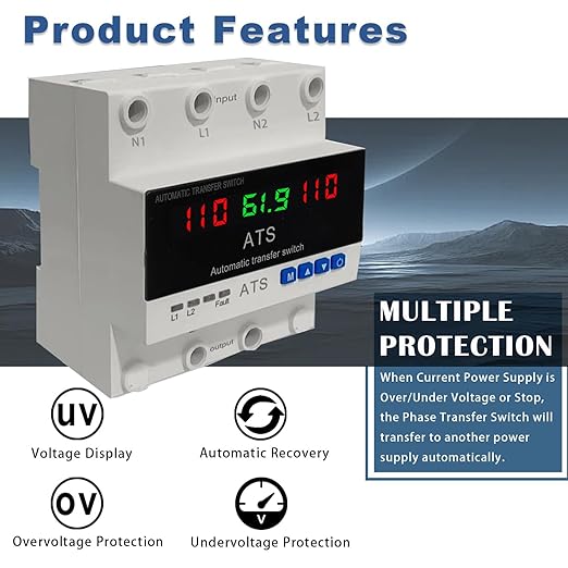 2P Automatic Transfer Switch with LCD Display 63A 110V Double Power ATS with 3 Digital Displays for Input Real-Time Volrage/Current Monitoring Automatic Changeover for Utility/Generator/Solar