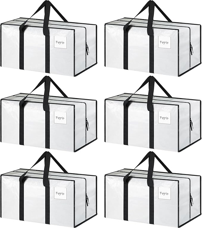 6 Pack Extra Heavy Duty Large Moving Bags with Strong Zipper &amp Comfortable Handles Sturdy &amp Durable Clothes Storage Bags Totes Bins Packing Moving Boxes for College Supplies White