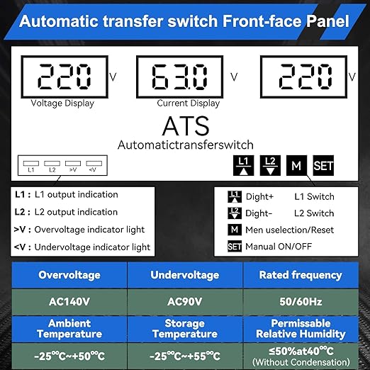 63A 220V Automatic Transfer Switch 2P Dual Power Select Interruptor Electrical Changeover Switch with LED Display Mini ATS Din Rail Mount 50/60Hz CE Certified for Home Backup Power