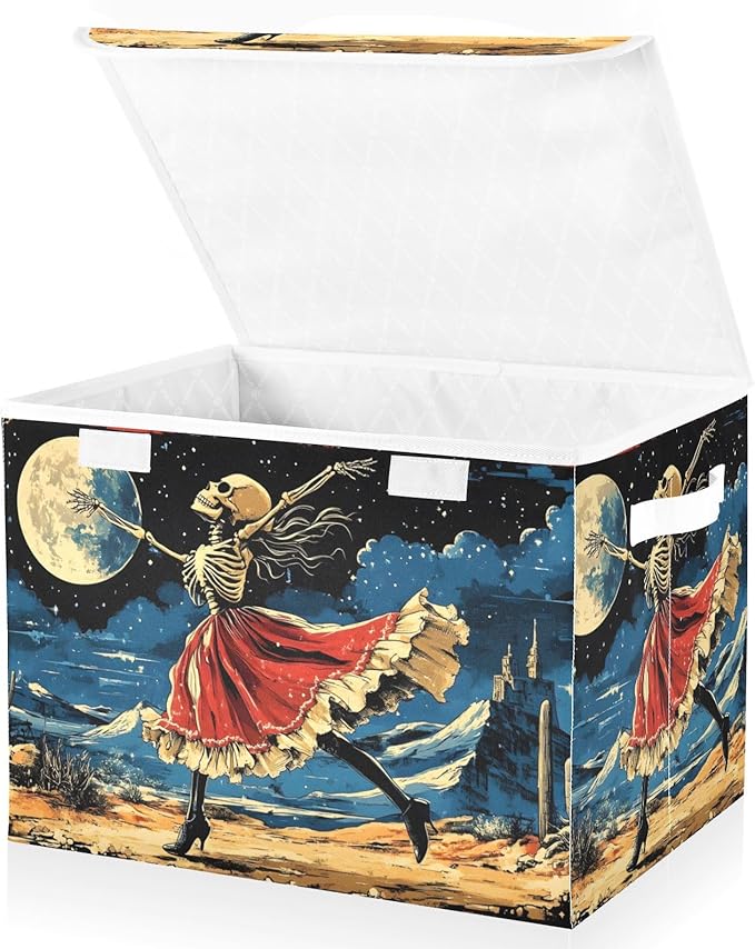 Storage Cube with Lid Dancing Skeleton Print 16.5×12.6×11.8 IN Collapsible Large Capacity Foldable Storage Basket Bin Organizer
