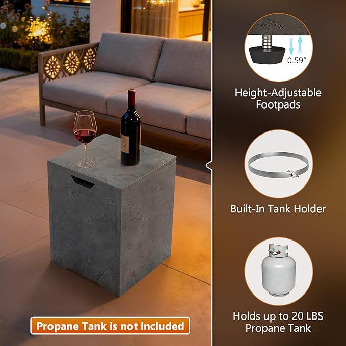2-Piece 42 Rectangular Propane Fire Pit for Outside Patio with Hidden Tank Table 50000 BTU Fireplaces with Glass Wind Guard Lid Glass Rocks Cover(Grey Rock Veins)