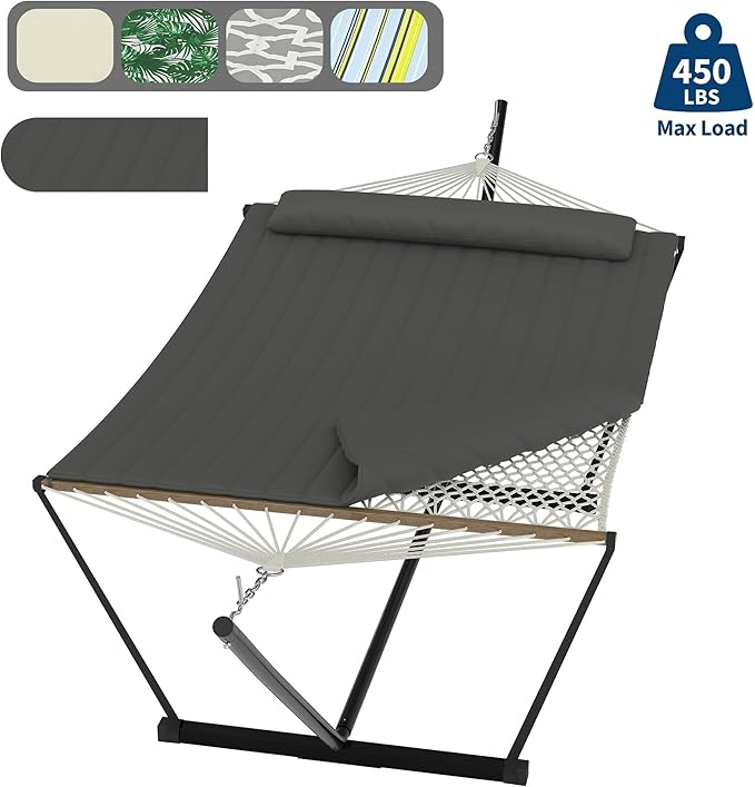 Double Hammock with Stand Curved-Bar Hammock 450LBS Capacity 2 Person Large Hammock Indoor and Outdoor Hammock Perfect for Backyard Patio Beach