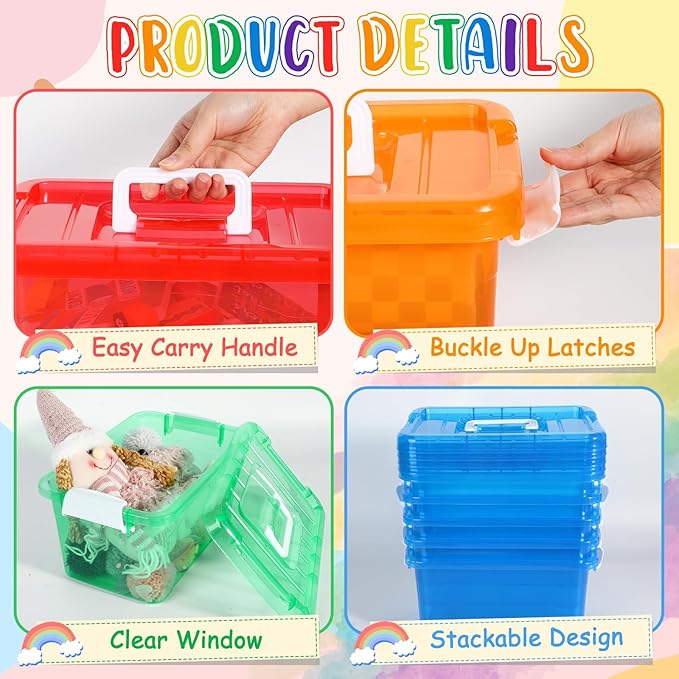 6 Pack 7 Quart Colorful Plastic Storage Bins with Lids Storage Latch Box Stackable and Nestable Clear Toy Storage Organizer Bins with Buckle for Classroom School Kid Room Home(6 Colors)