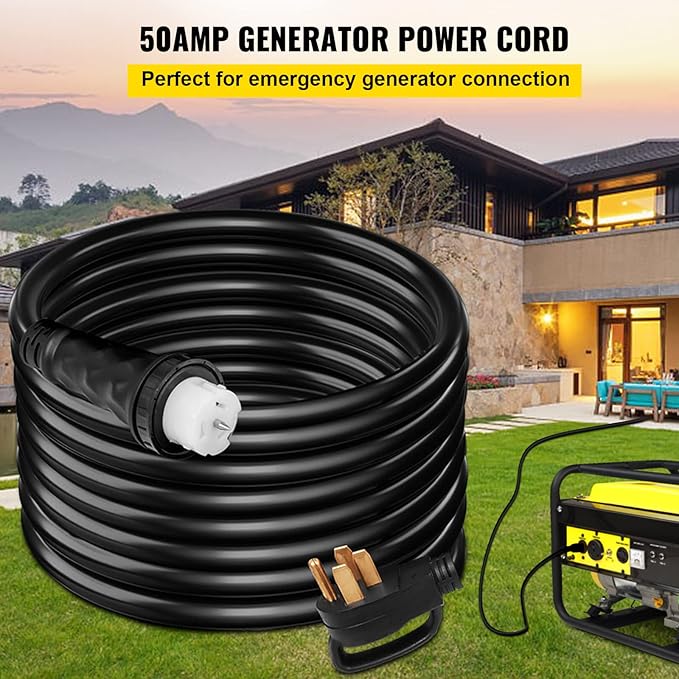 VEVOR 25 FT 50 Amp Generator Extension Cord NEMA N14-50P &amp SS2-50R &amp CS6364 STW 6/3 + 8/1 AWG 125V 250V Generator Power Cord Twist Lock Connectors