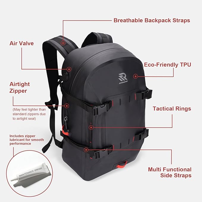 IPX7 Waterproof Backpack for Kayaking Paddle Boarding Boating Premium 30L Dry Bag with Resin Zipper Airtight Rugged Gear Protection Large Capacity for Men Water Sports Surfing Black