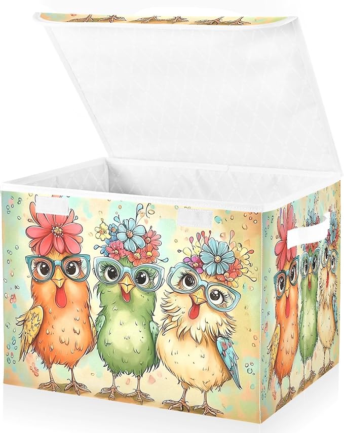 Hen Flowers Chicken Glasses Storage Bins with Lids Foldable Storage Boxes Cube Closet Storage Baskets Container Organizers for Home Bedroom Office