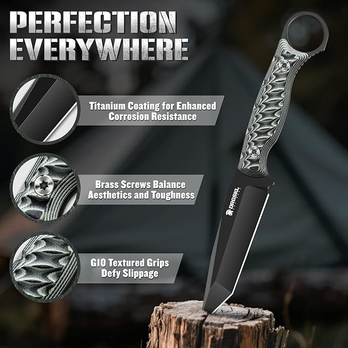 Tanto Fixed Blade Knife - Full Tang Survival Knife for Bushcraft - Camping Knives with Sheath - Black Knives Forged from a Single Piece of D2 Steel - Ideal Gift for Men - Green
