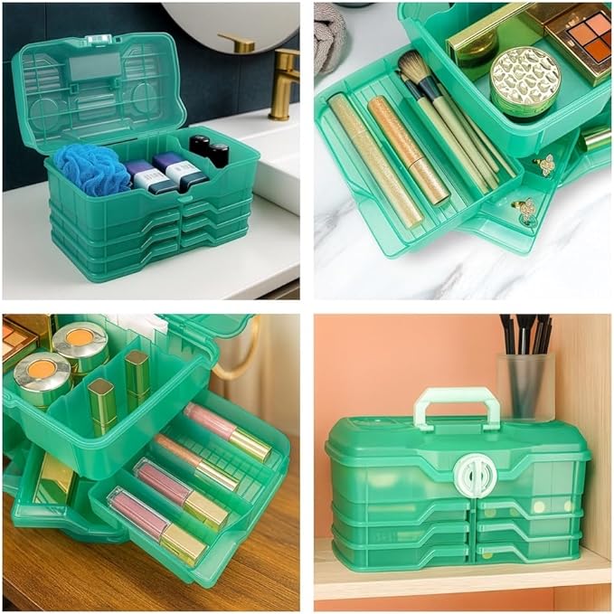 Best Kept Portable Cosmetic Organizer with Compartments | Makeup Organizer Box For Vanity | Skin Care | Jewelry | Cosmetic Train Case | Hair &amp Grooming Storage Case | Green translucent