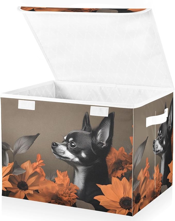 AIXIWAWA Lidded Storage Cube (Little Dog Flower) Fabric Foldable Closet Bins with Flip Lid and Handles Organizer Basket Container 16.5 x 12.6 x 11.8 IN