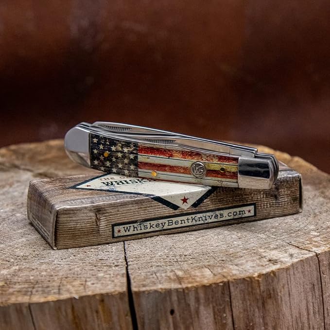 WHISKEY BENT HAT CO. Traditional Trapper Folding Pocket Knife 4.125 Closed Length 440C Stainless Steel Blades (Patriot)