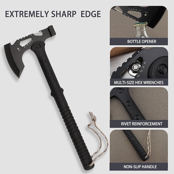 Tactical HatchetBlack Stainless Steel Camping Hatchet Axe with Nylon SheathBlack Tomahawk with Bottle OpenerHex WrenchesTactical Tomahawk Axe Hammer for Outdoor Splitting WoodHunting Survival