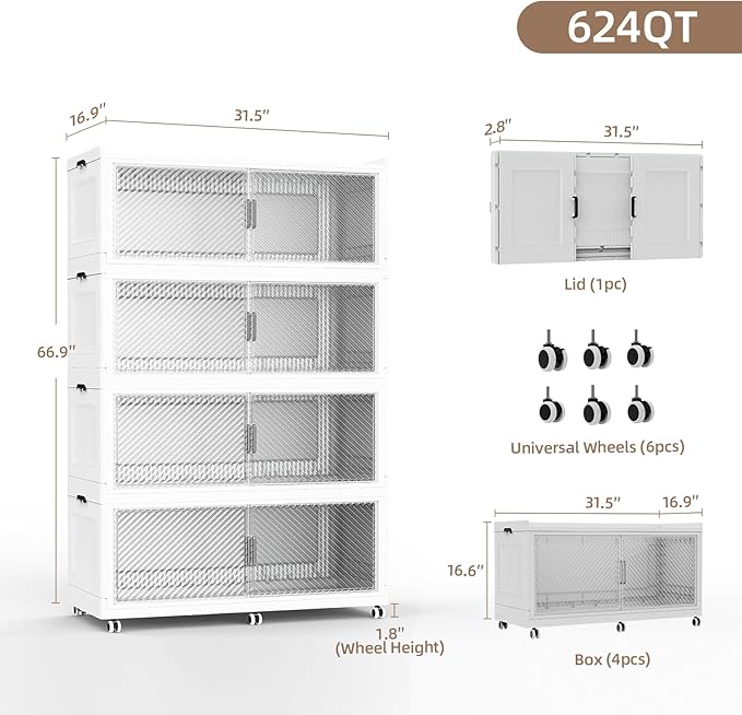 SAILUN 200Gal Extra Large Stackable Storage Bins with a Lid Collapsible Storage Bins With Doors and Wheels Foldable Storage Cabinet for Garage Closet Organization White 4Pack