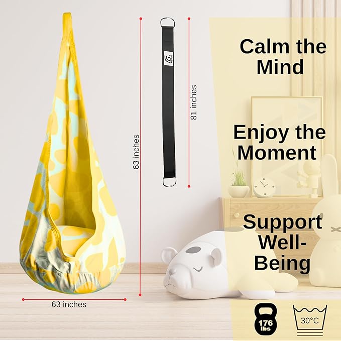 Calming Sensory Swing — Indoor Sensory Hammock for Kids &amp Adults Supports up to 170 lb (77 kg) Double-Layer Canvas Fabric Hanging Hardware Included White-Yellow