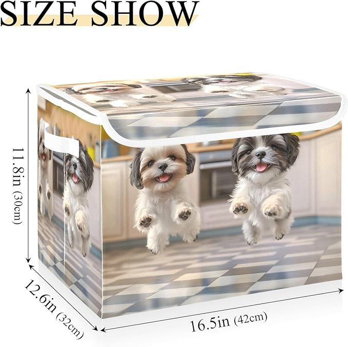 AIXIWAWA Lidded Storage Cube (Jumping Puppy) Fabric Foldable Closet Bins with Flip Lid and Handles Organizer Basket Container 16.5 x 12.6 x 11.8 IN