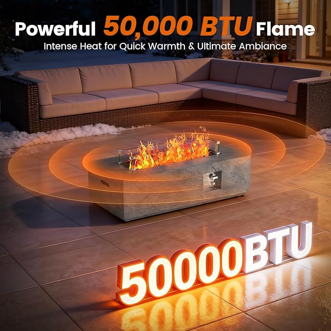 SUNPEAK 42 Rectangular Propane Fire Pit table 50000 BTU Fireplace Table with Wind Guard Lid Rocks and Cover - Fire Pits &amp Outdoor Fireplaces - Gas Fire Pits for Outside Patio (Concrete Stone