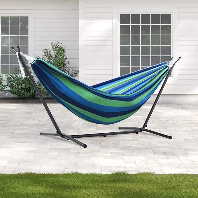 550lbs Capacity Double Hammock Adjustable Hammock Bed with 10ft Heavy Duty Steel Stand Includes Portable Carrying Case Easy Set up Blue/Green a