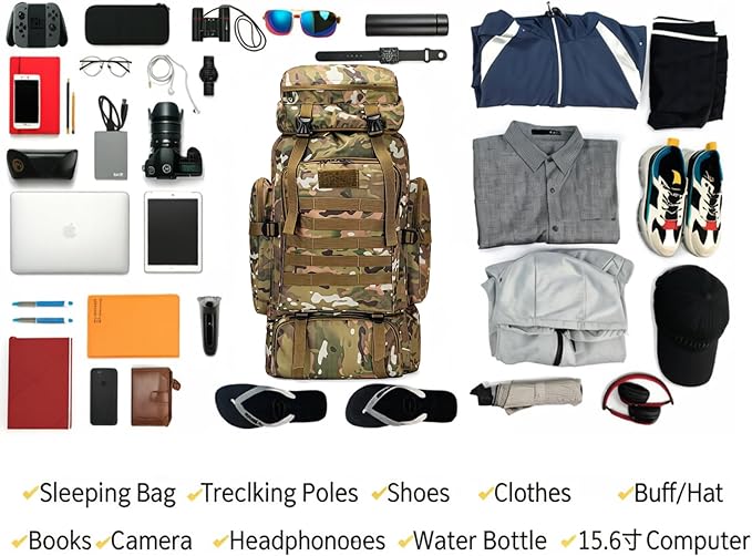 80L Camping Hiking BackpackMolle Military Tactical Rucksack BackpackWaterproof Lightweight Hiking Backpack for Outdoor (CP Camo 80L)