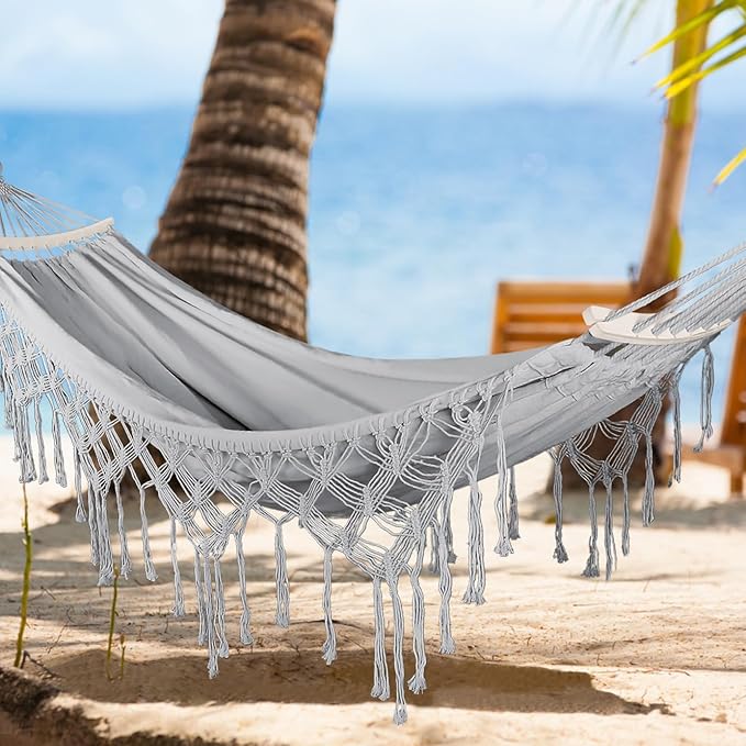 MOSFiATA Backyard Hammock with Tassels Max 500lbs Canvas Fabric Bohemian Style with Thickened Rope and Carry Bag for Outdoor Garden Patio Wedding Decor (White)