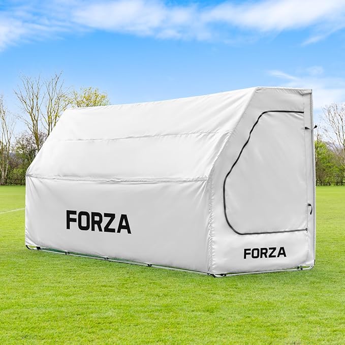 FORZA Portable Team Shelter | Durable Steel Frame Shelter for Sports Teams – Optional Benches &amp Multiple Colors (White Shelter + 6 Seater Bench Pro)