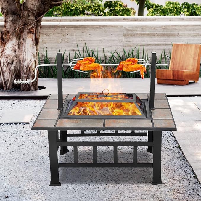 SINGLYFIRE 37 Inch Fire Pit Table with Grill for Outside Large Square Wood Burning firepit Heavy Duty Steel Bonfire Pit Cooking with Spark Screen Log Grate Poker for Backyard Garden Camping