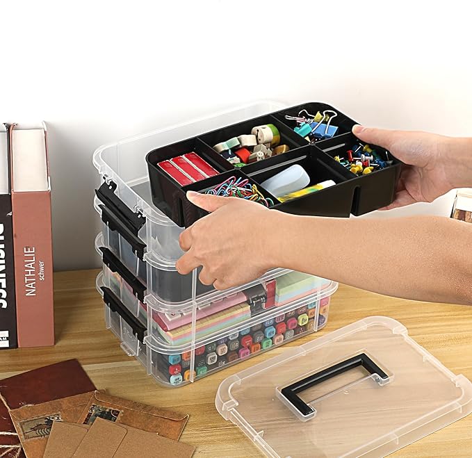 JUXYES 4-Tiers Stack Carry Storage Box With 2 Divided Tray Transparent Stackable Storage Bin With Handle Lid Latching Storage Container for School &amp Office Supplies Black
